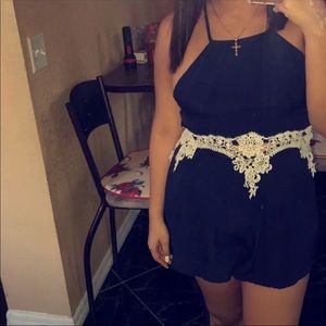 Navy Blue Romper with white lace